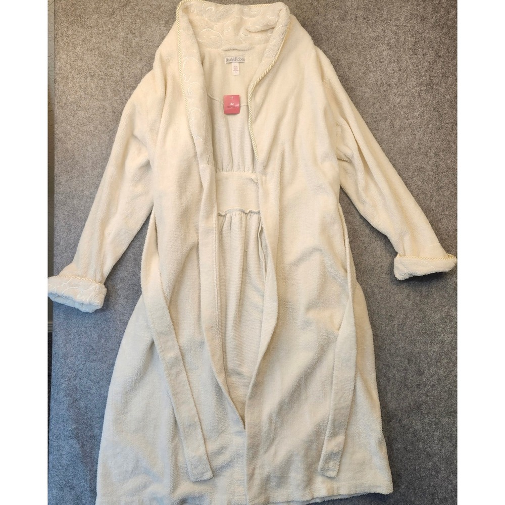 Bath & Robes Cream Chenille Robe Long Embroidered Metallic Trim Pockets Large